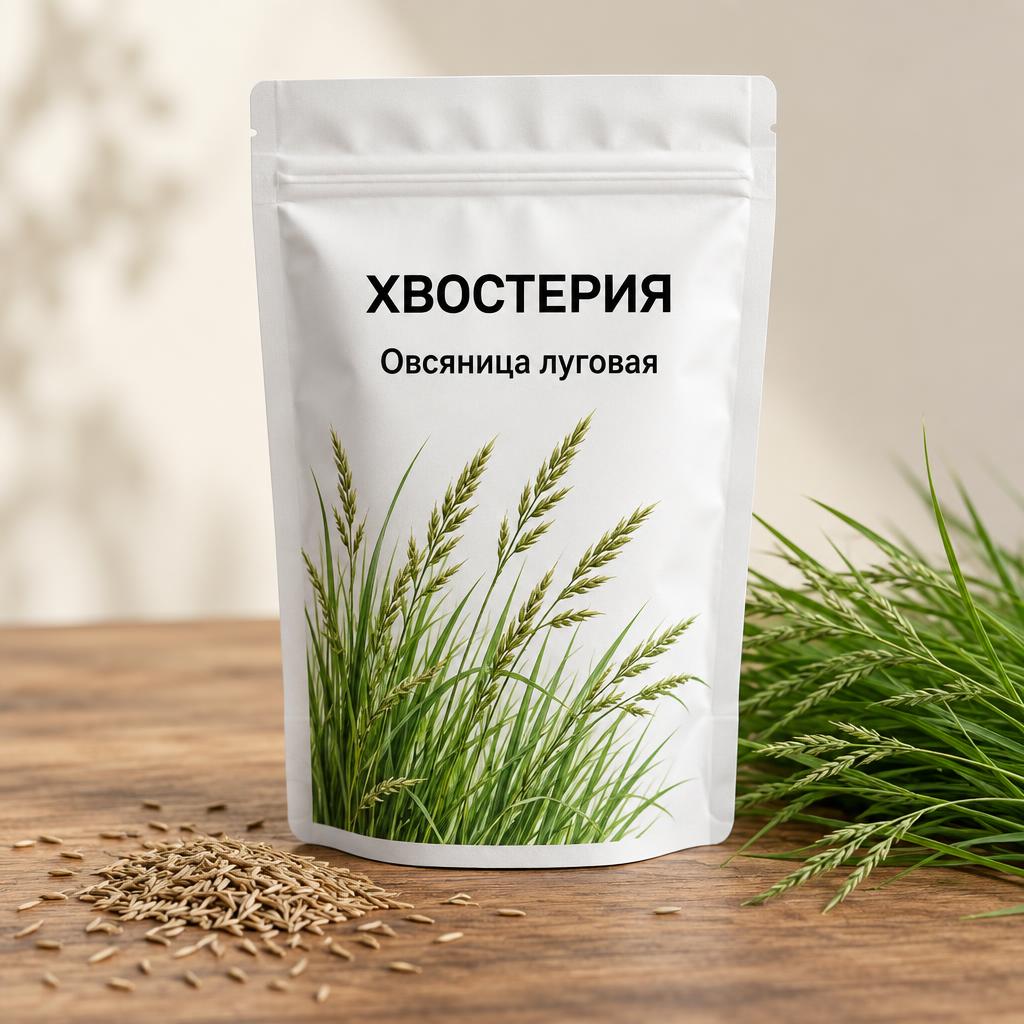 Белая упаковка семян овсяницы луговой Хвостерия с семенами и травой