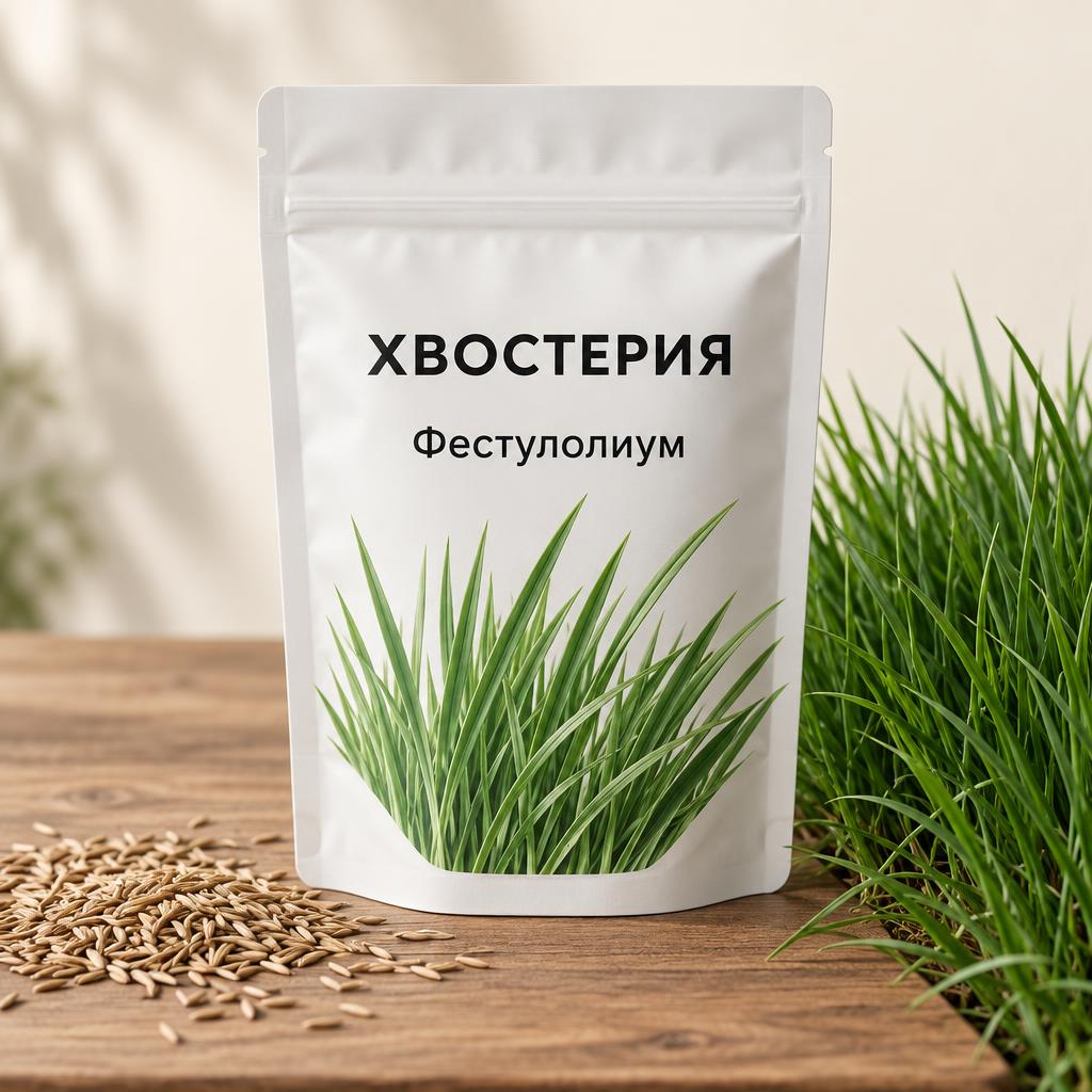 Белая упаковка семян фестулолиума Хвостерия с семенами и зелёной травой