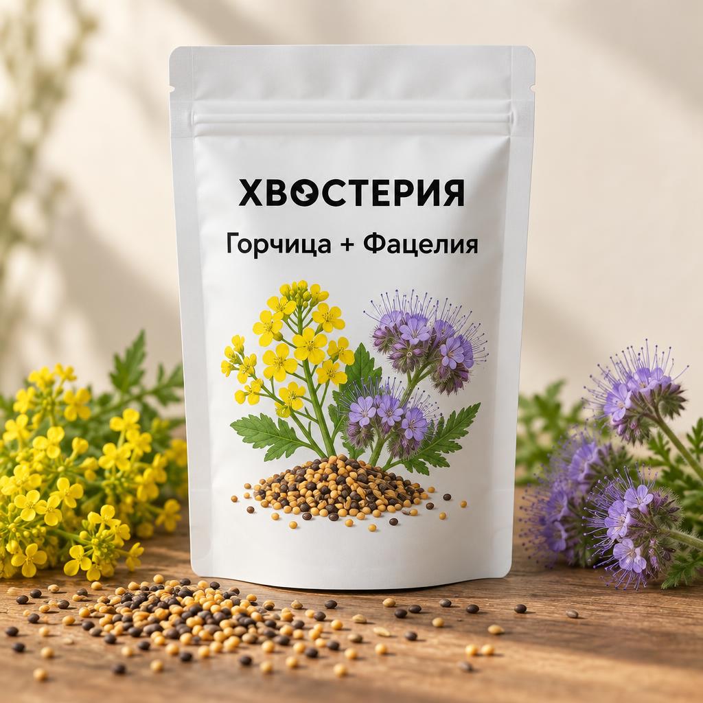 Белая упаковка смеси семян горчицы и фацелии Хвостерия с семенами и цветами