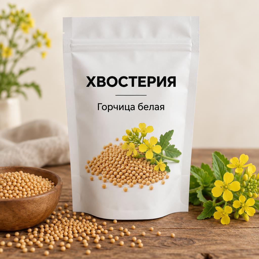 Белая упаковка семян горчицы белой Хвостерия с семенами и цветами горчицы