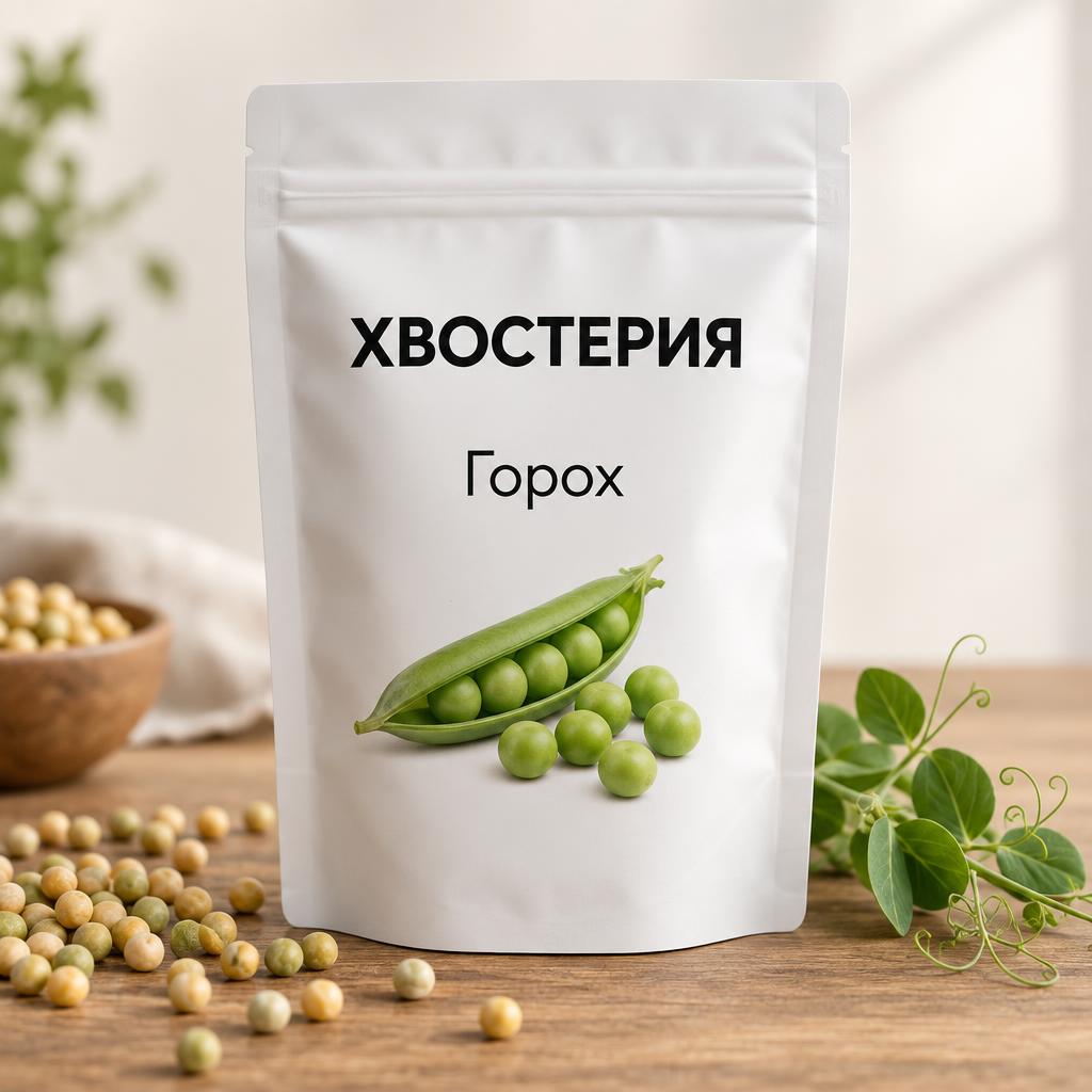 Белая упаковка семян гороха-сидерата Хвостерия с горошинами и побегом