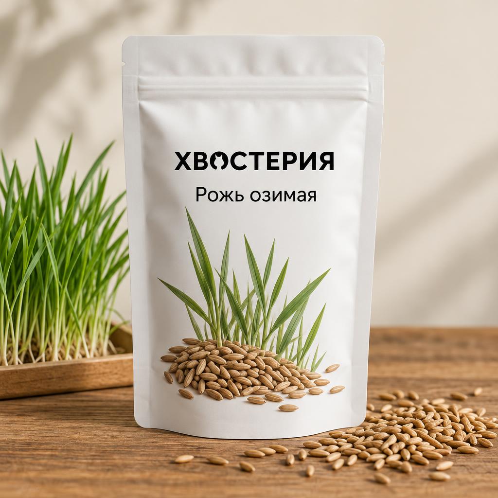 Белая упаковка семян ржи озимой Хвостерия с зёрнами и всходами ржи
