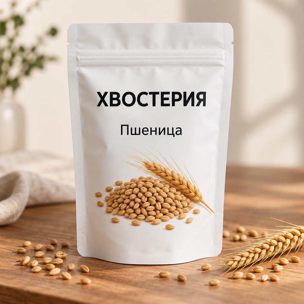 Белая упаковка семян пшеницы Хвостерия с зёрнами и колосом